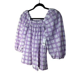 Womens Purple & White Gingham Puff Sleeve Square Neck Top M
